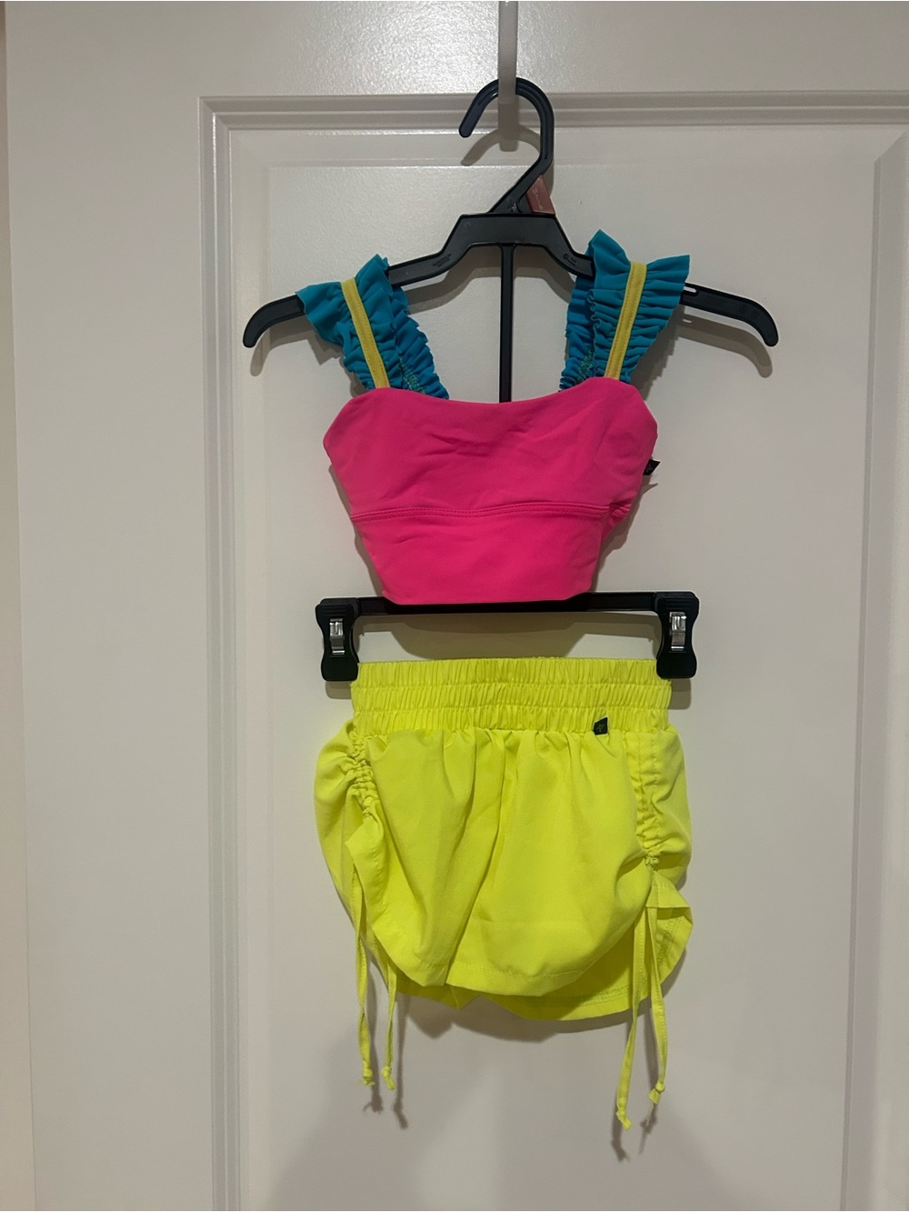 EUC Girls Neon Pink Yellow Dance Set Ruffle Sports Bra Shorts Dance Gymnastics - Picture 4 of 4
